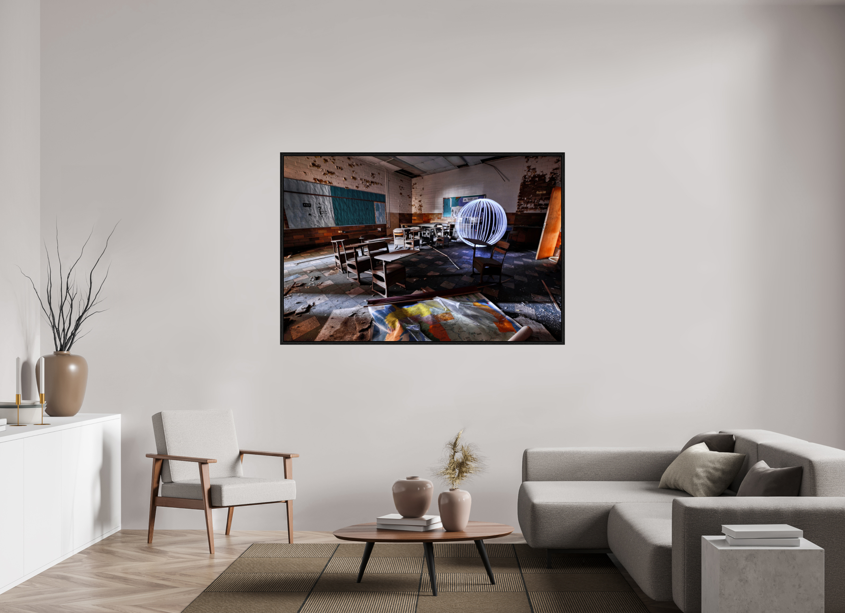 66 x 44″, Floater Frame White Orb in Abandoned Classroom