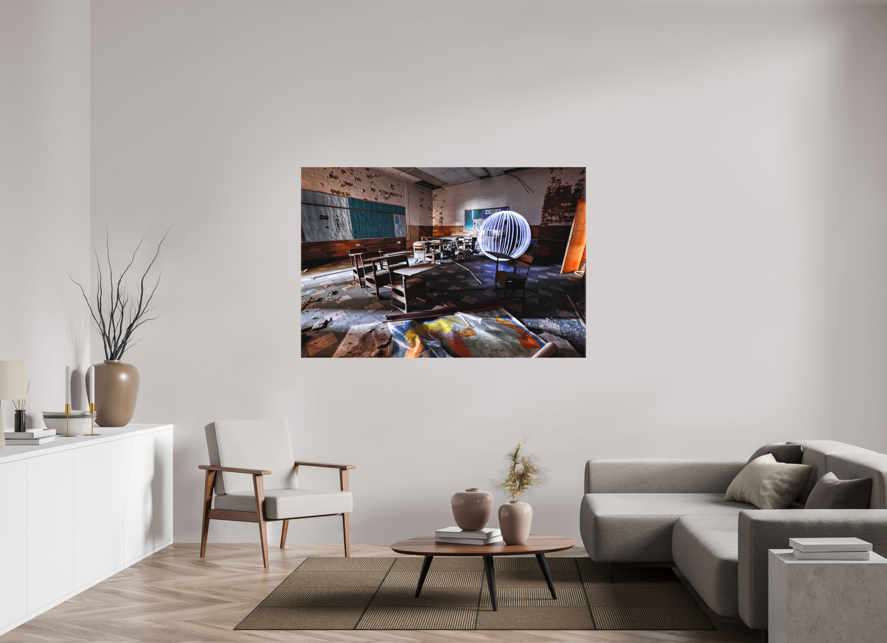 66 x 44″, Matte Canvas White Orb in Abandoned Classroom