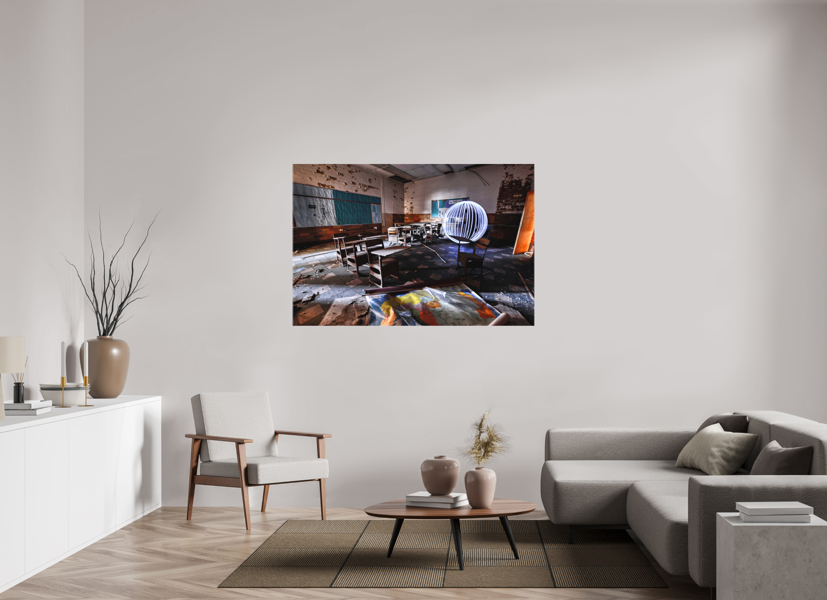 60 x 40″, Matte Canvas White Orb in Abandoned Classroom