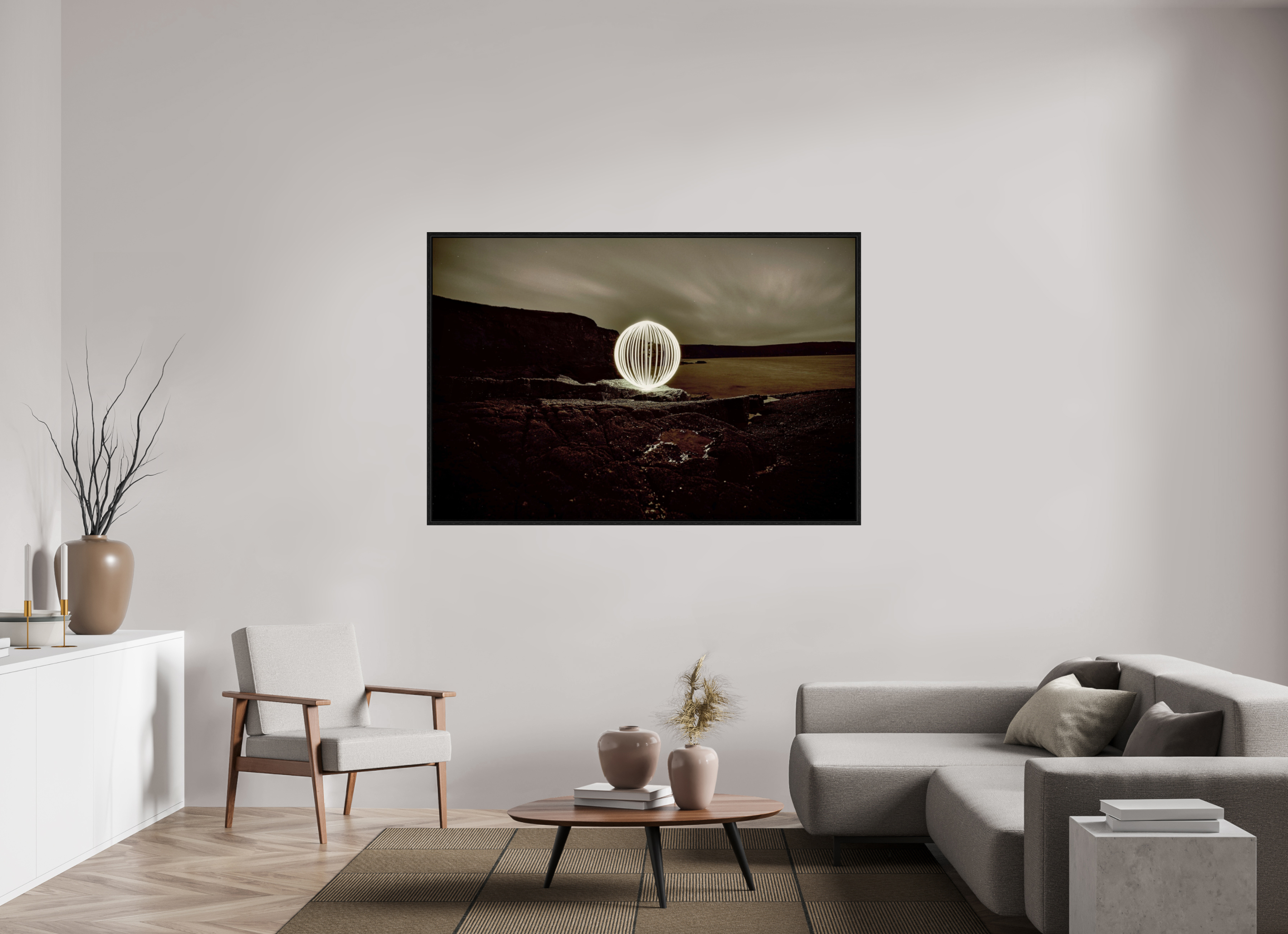 66 x 44″, Floater Frame B&W Orb on the beach in Wales