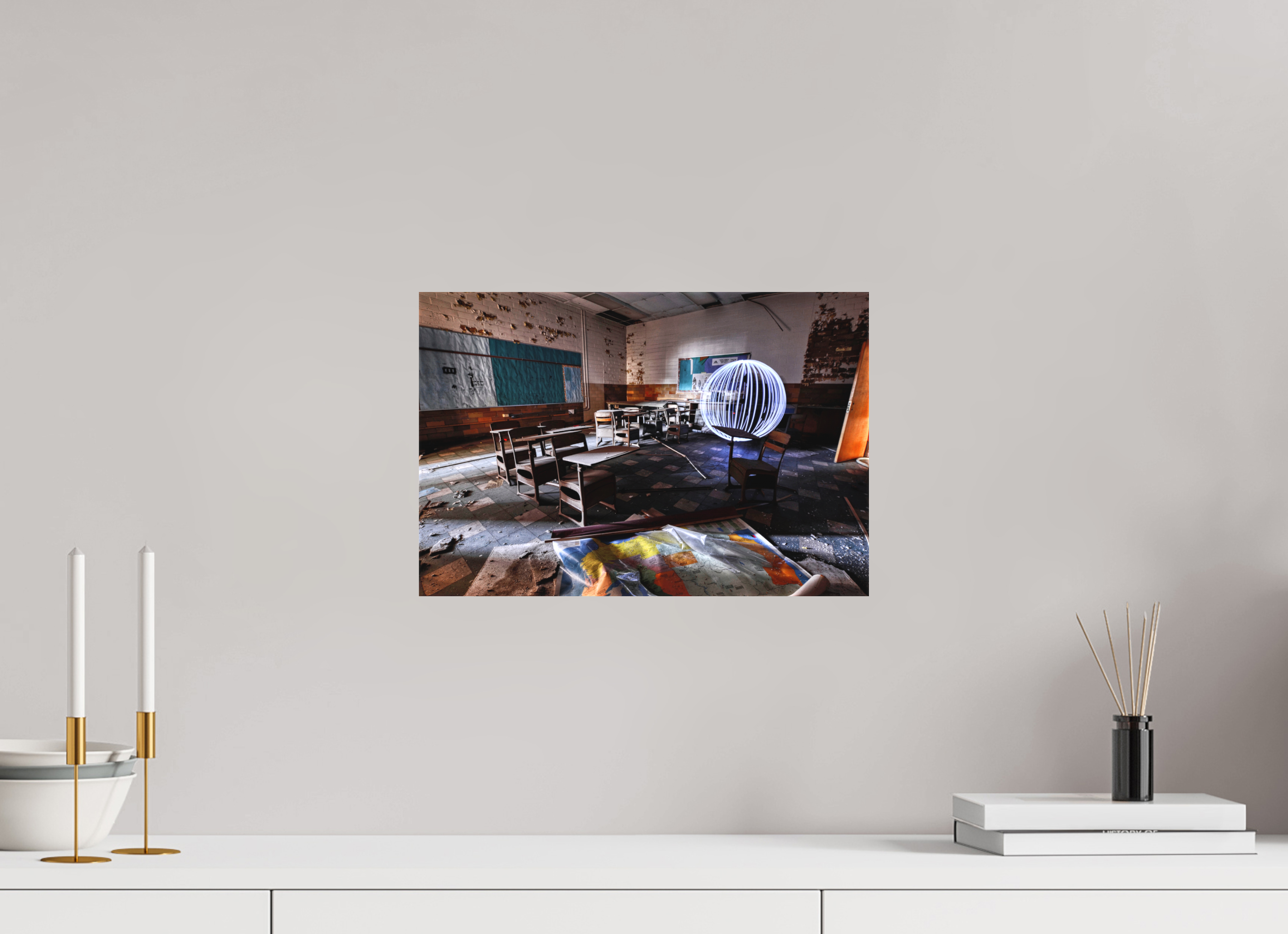 15 x 10″, Matte Canvas White Orb in Abandoned Classroom