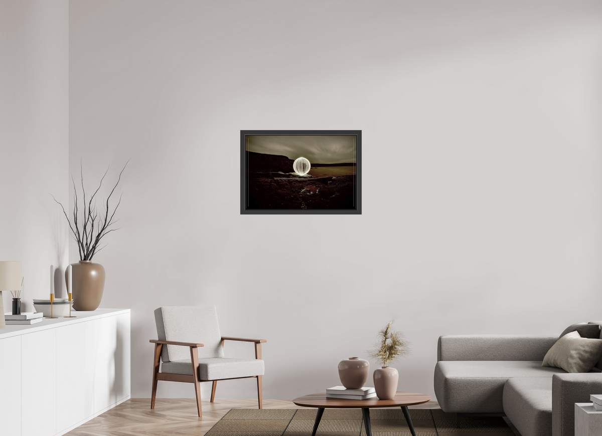 30 x 20″, Framed (Black) B&W Orb on the beach in Wales