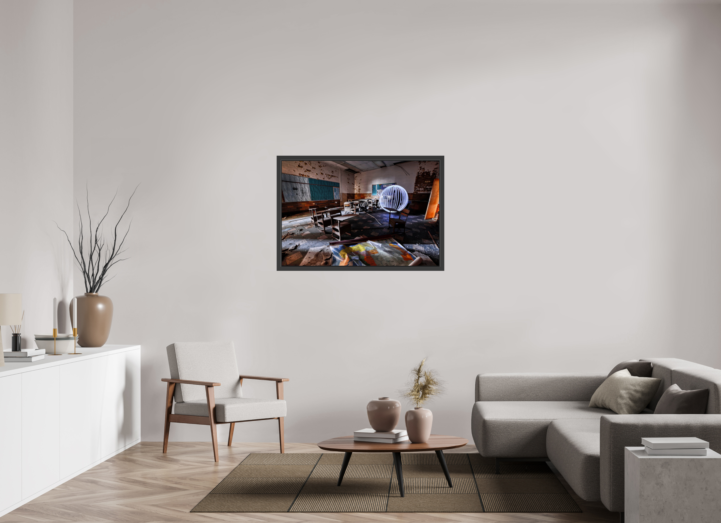45 x 30″, Framed (Black) White Orb in Abandoned Classroom