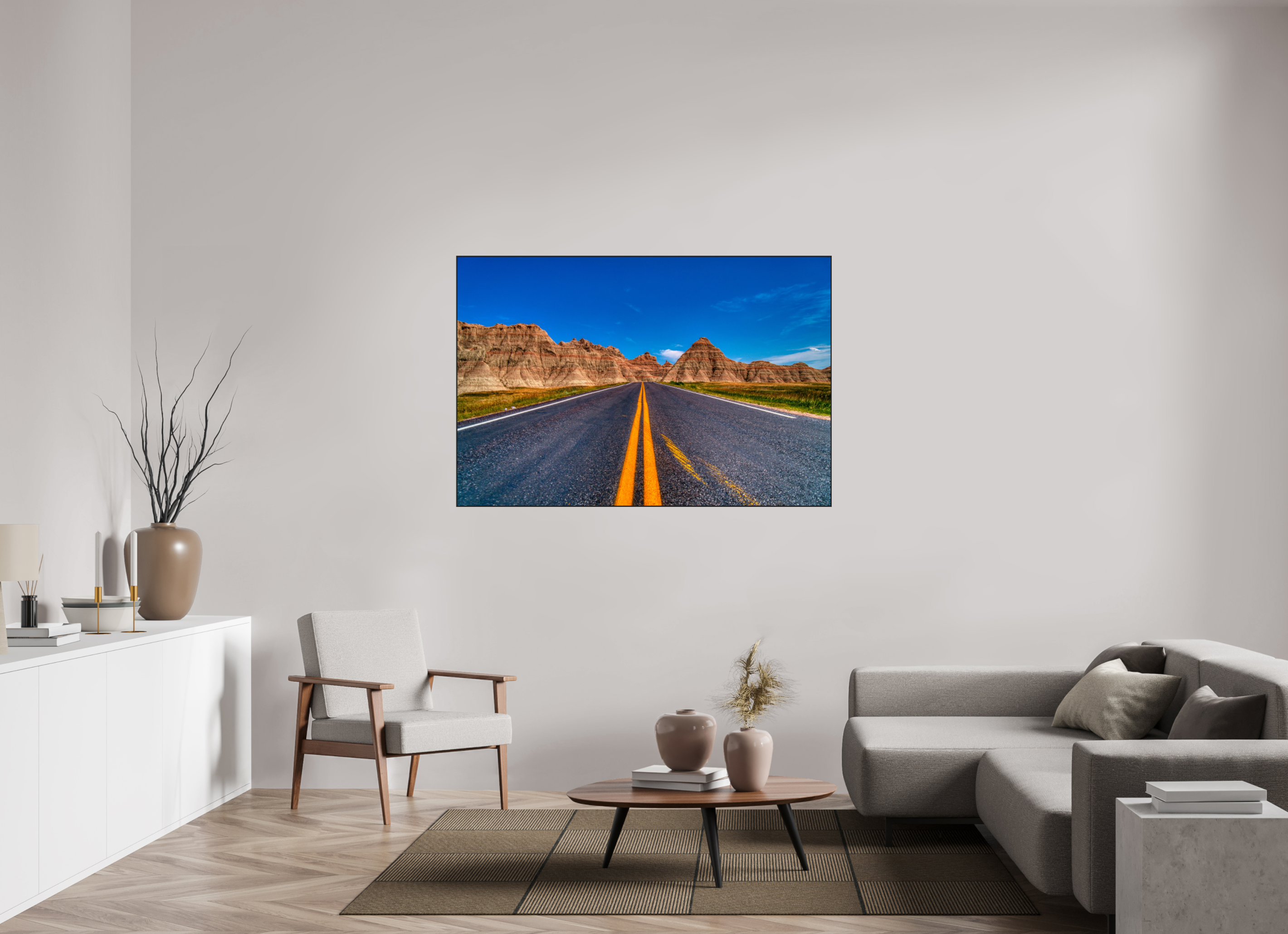 60 x 40″, Photo Print Aluminum (Black) A Drive Through Badlands