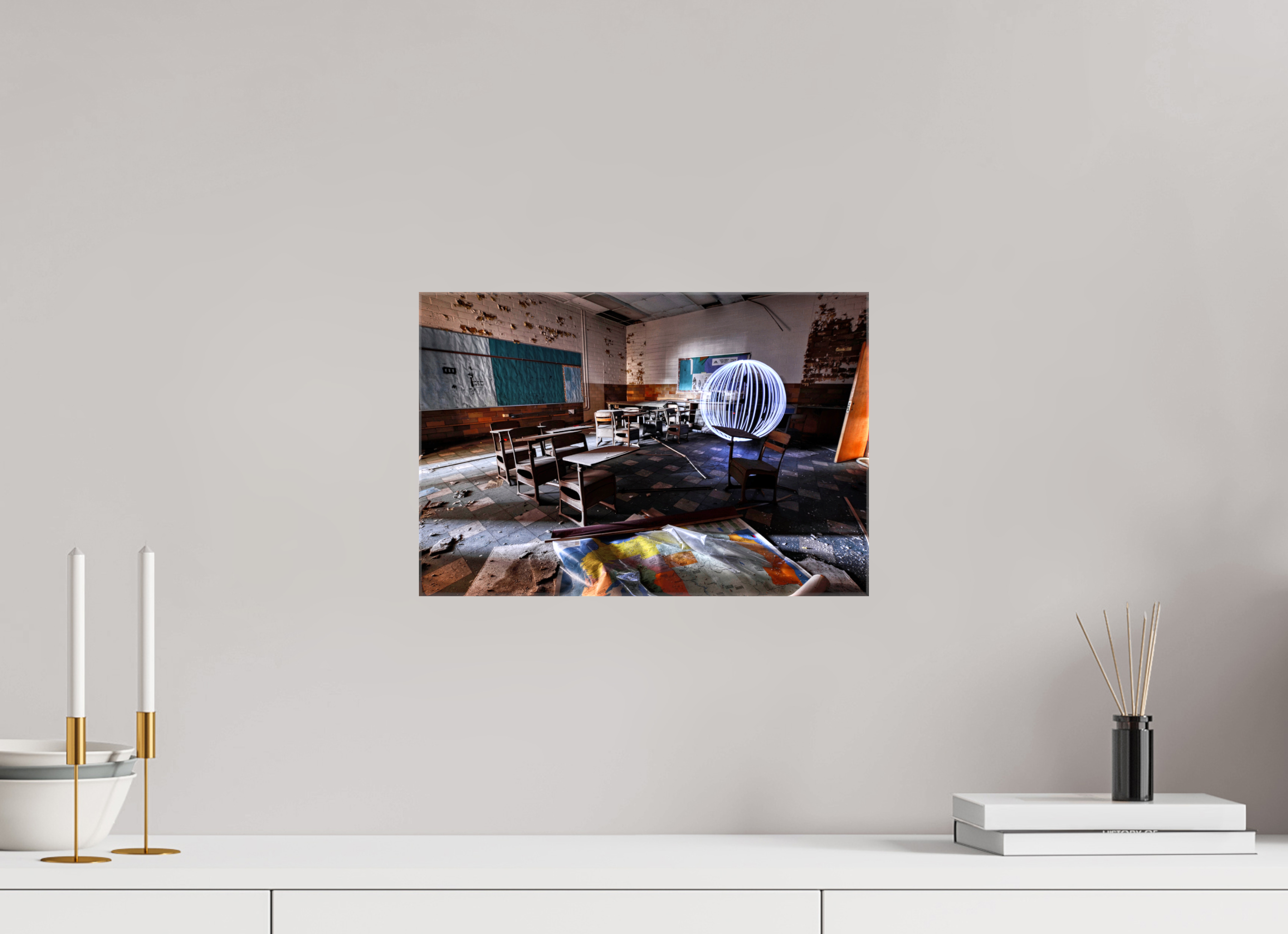 15 x 10″, Glossy Canvas White Orb in Abandoned Classroom
