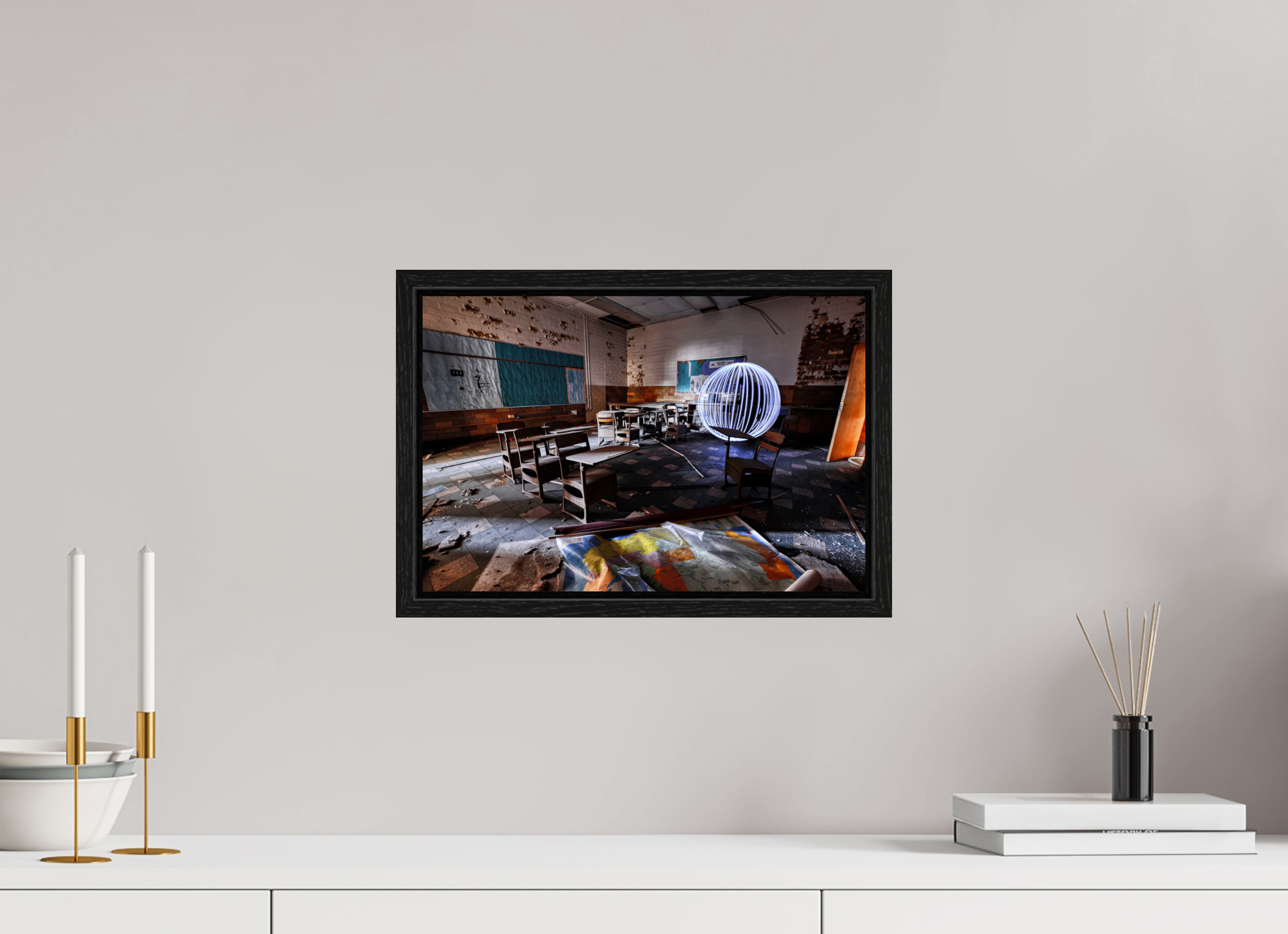 15 x 10″, Floater Frame White Orb in Abandoned Classroom