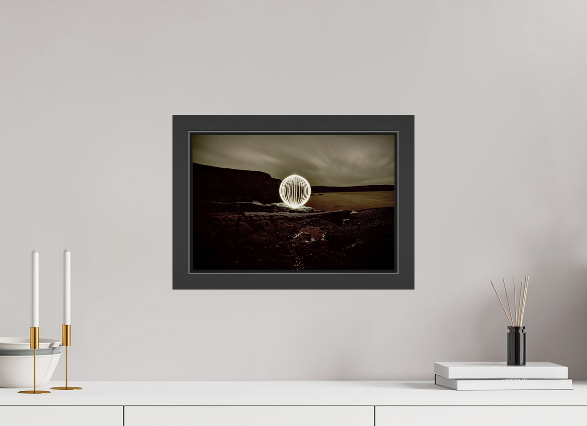 15 x 10″, Framed (Black) B&W Orb on the beach in Wales