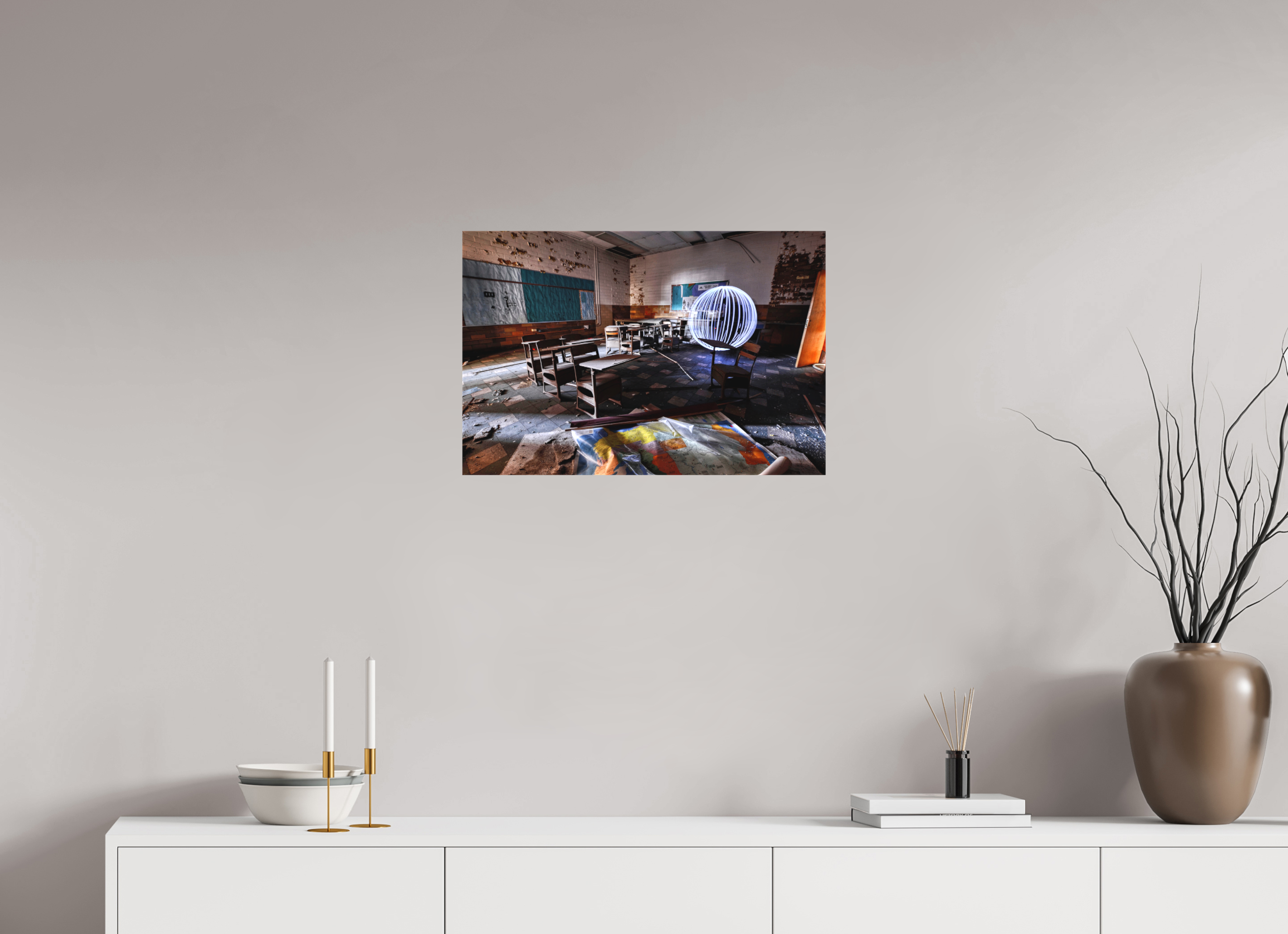 24 x 16″, Matte Canvas White Orb in Abandoned Classroom