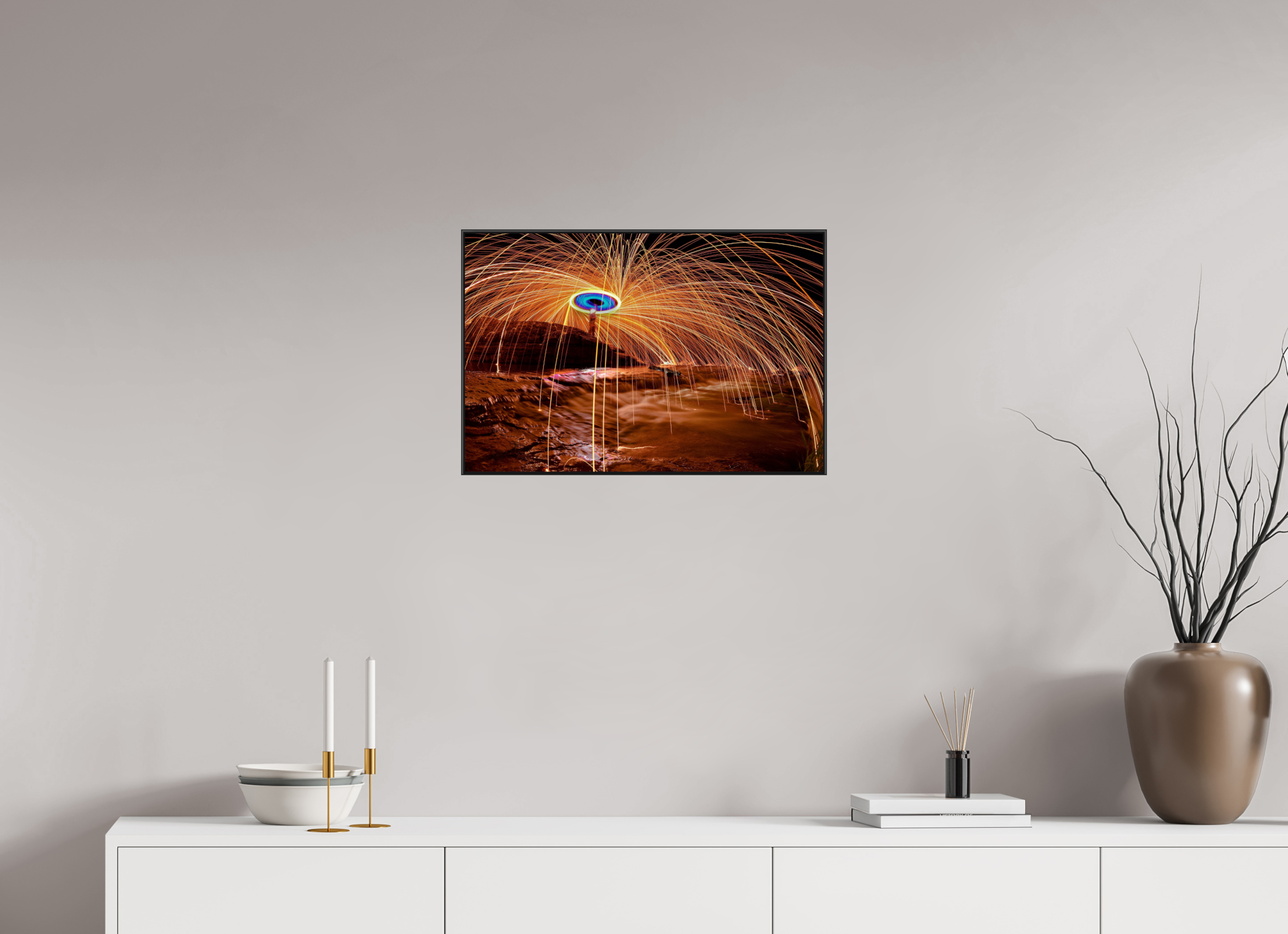 24 x 16″, Famed Aluminum (Black) Steel Wool over Waterfall