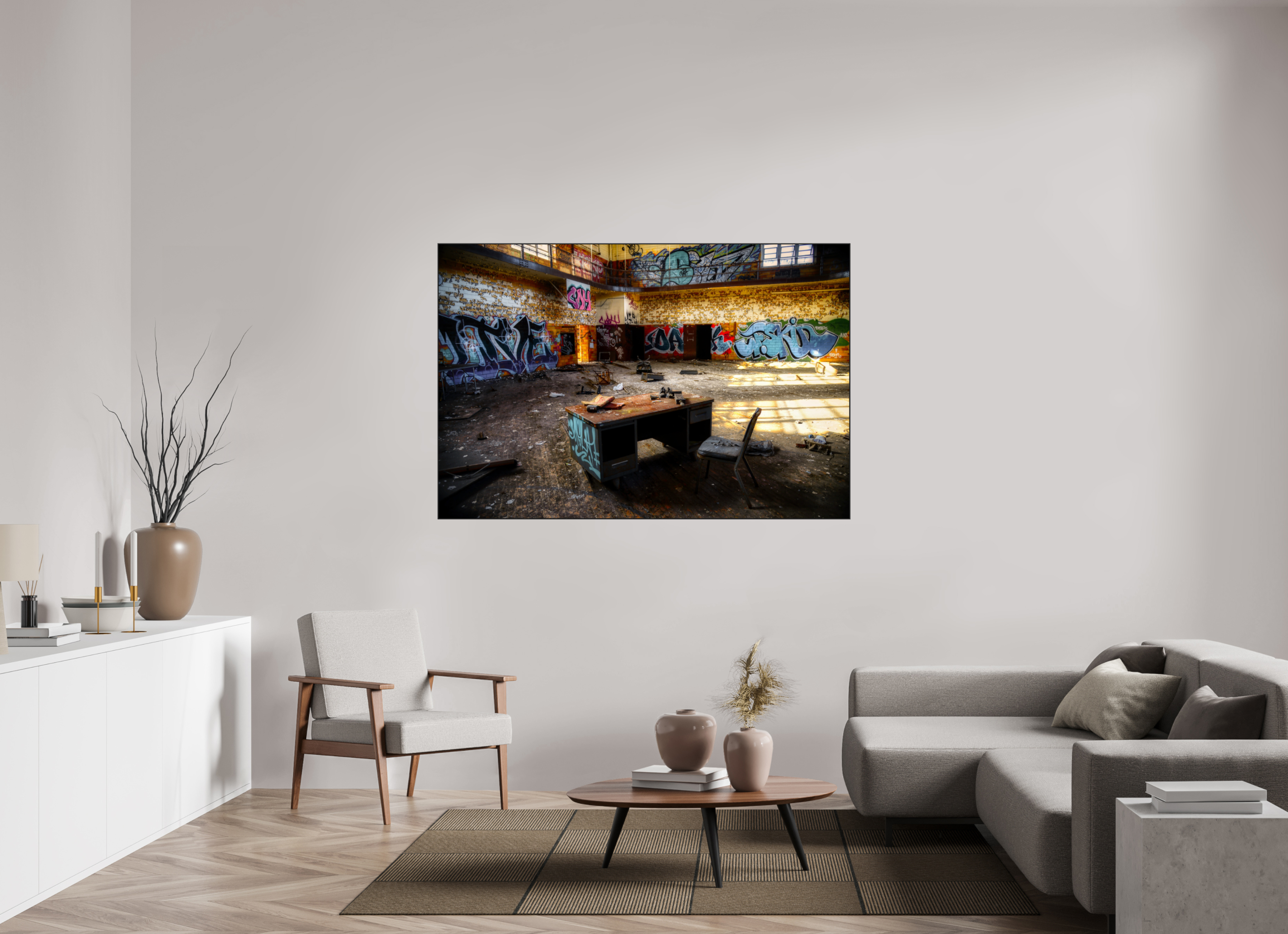 66 x 44″, Photo Print Aluminum (Black) Gym at Abandoned High School