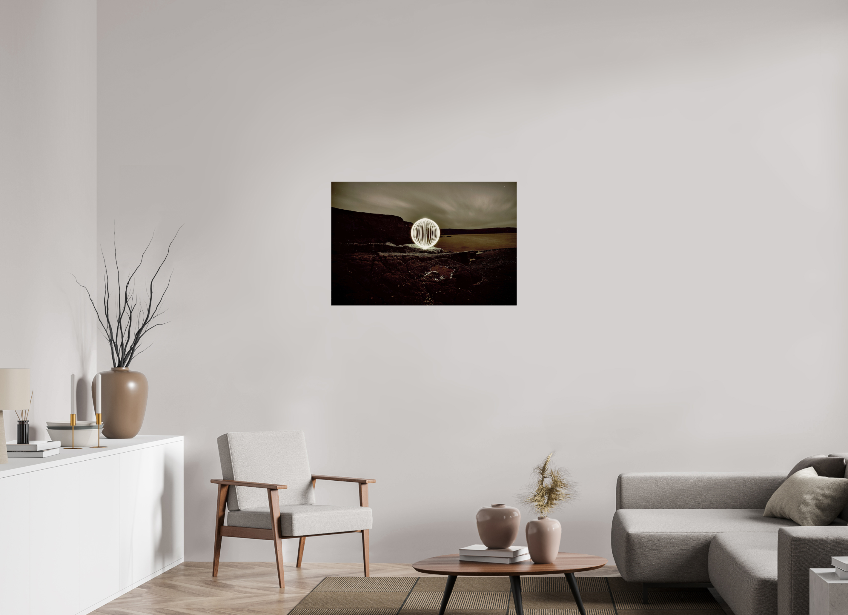 36 x 24″, Photo Print On Fuji Crystal DP II B&W Orb on the beach in Wales
