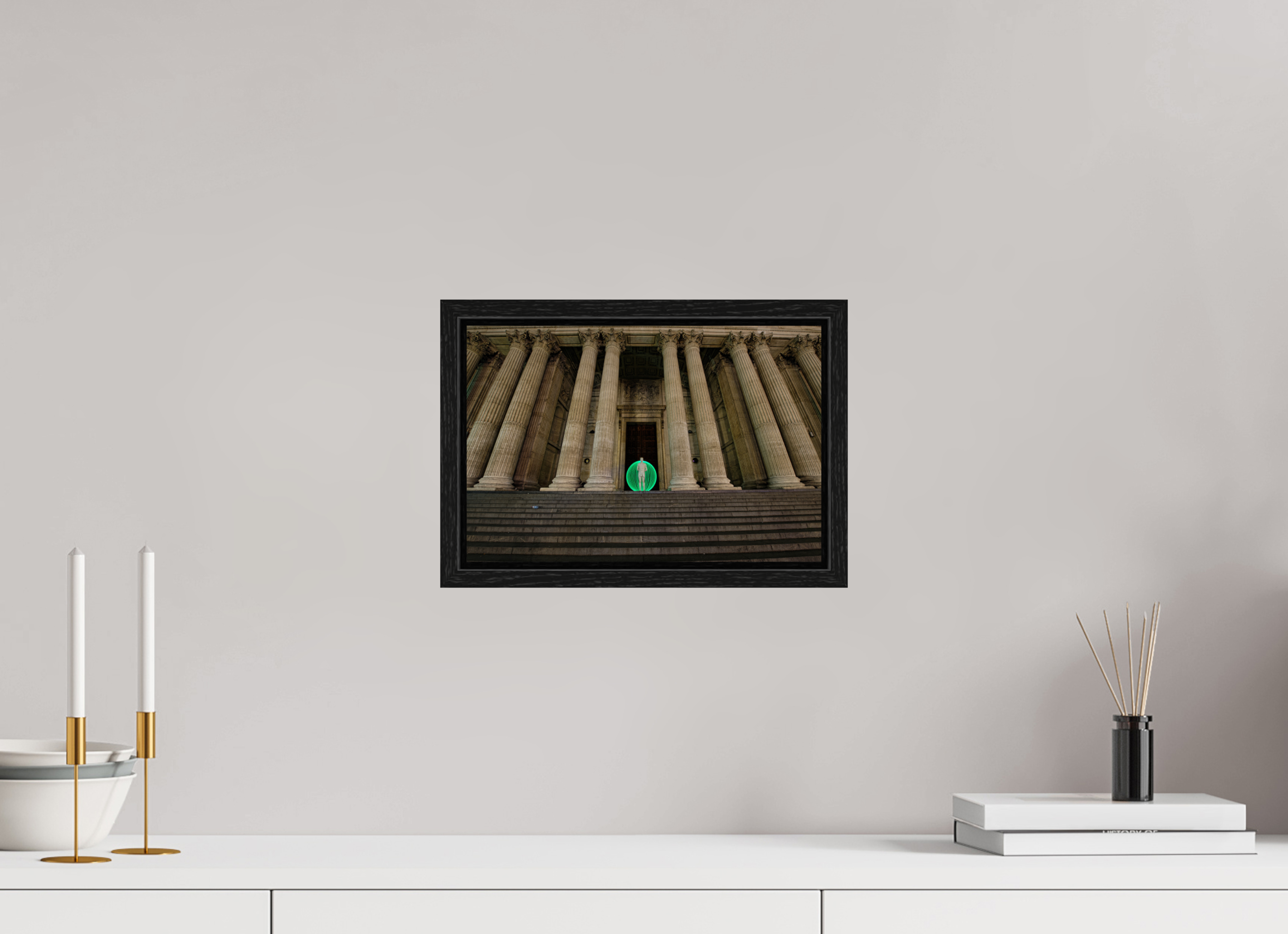 12 x 8″, Floater Frame Green Orb in London